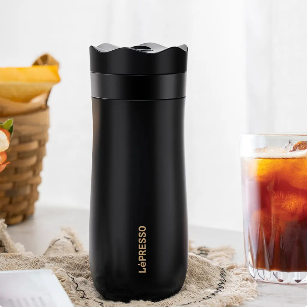 LePresso Insulated Mug with French Press - Black.webp