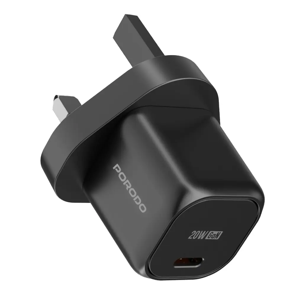 Porodo PD 20W UK Fast Charger - With C to Lightning Cable - With C to C Cable - Black.webp