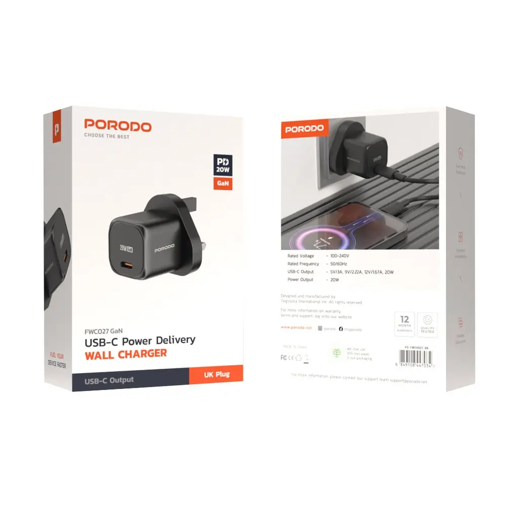 Porodo PD 20W UK Fast Charger - With C to Lightning Cable - With C to C Cable - Black (2).webp