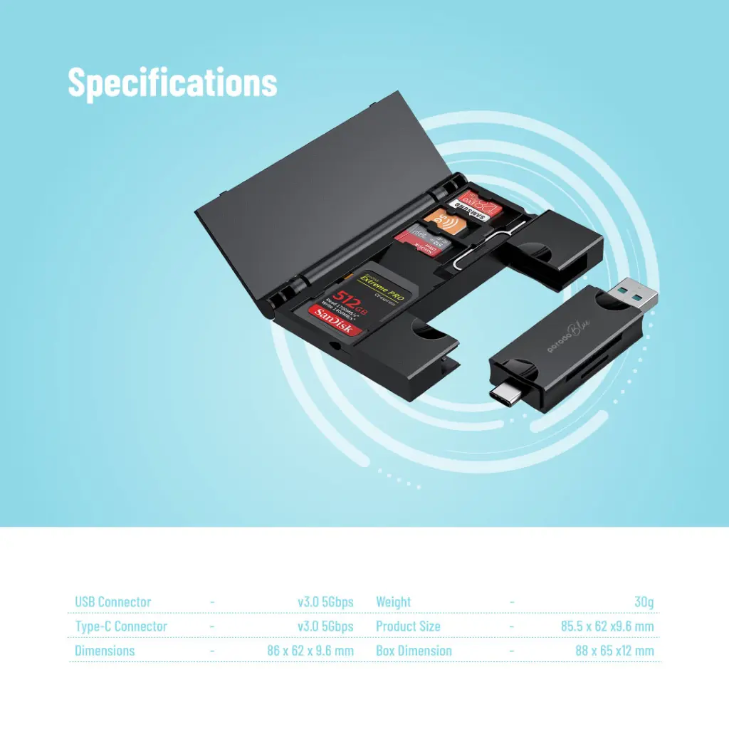Porodo Blue 2-in-1 Card Reader with Card Holder.webp