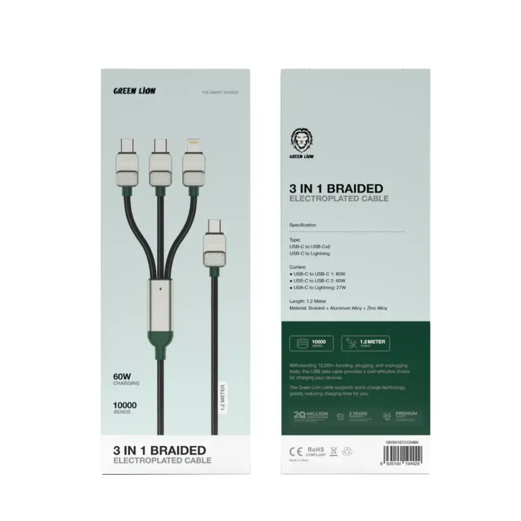 Green Lion 3-in-1 Cable Braided Type-C to C+C+L - Black + Dark Green.webp