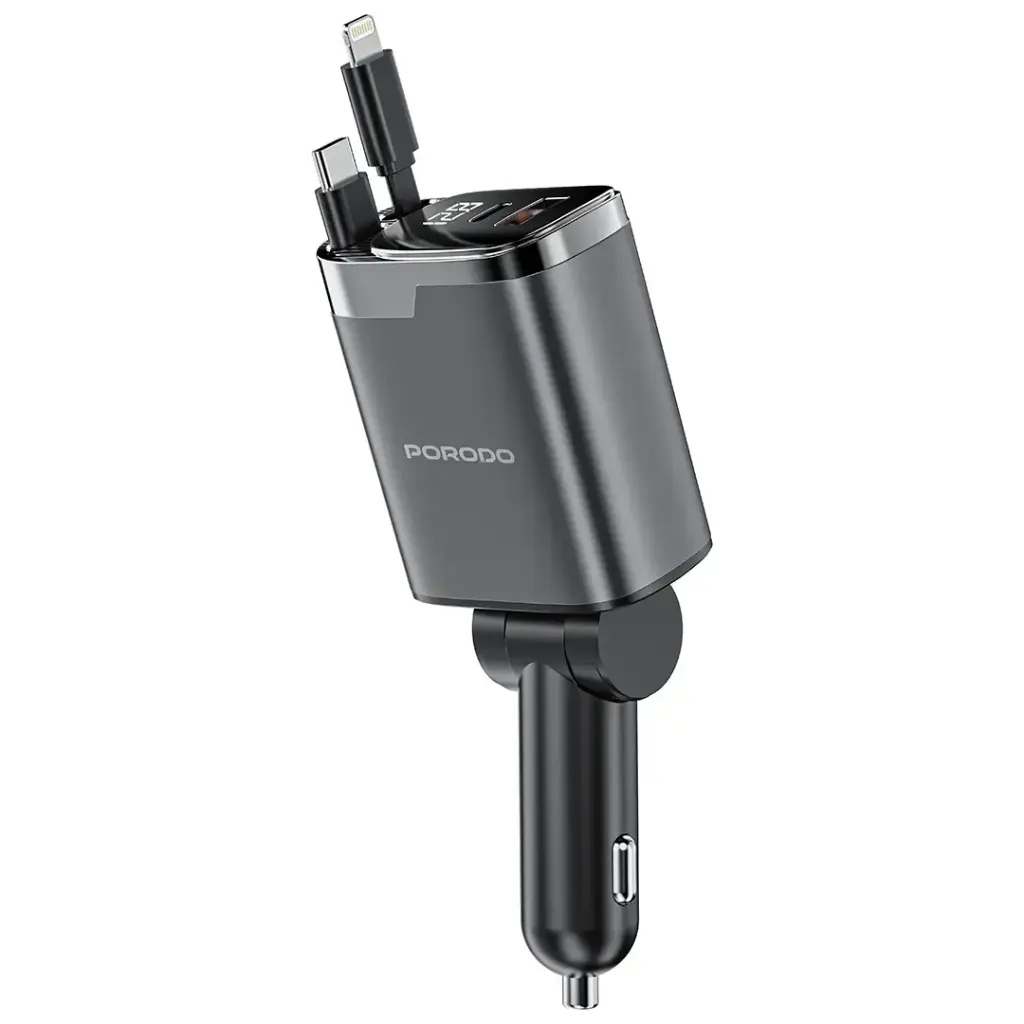 Porodo 111W Car Charger with Lightning & Type-C Retractable Cables - Gray5.webp