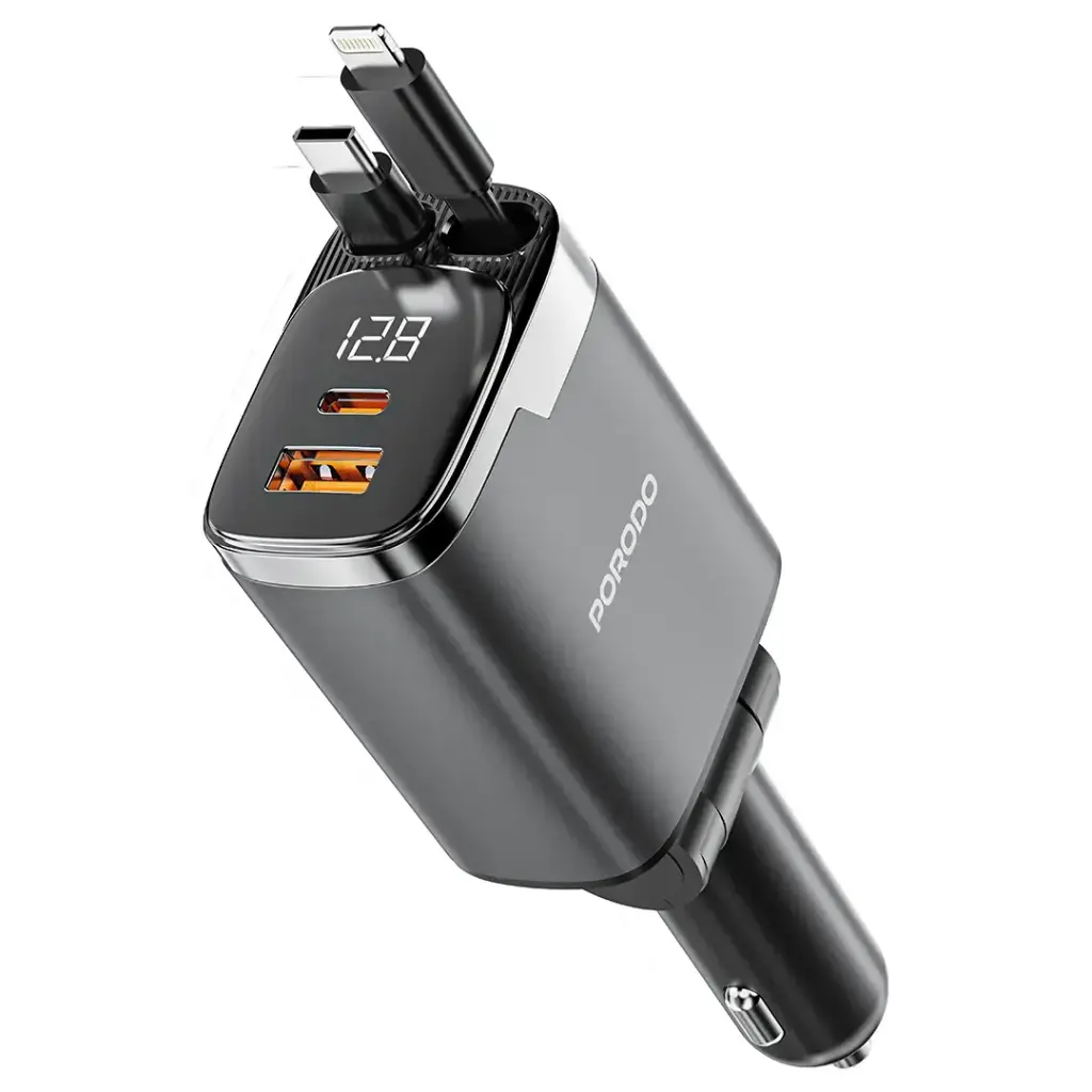 Porodo 111W Car Charger with Lightning & Type-C Retractable Cables - Gray6.webp