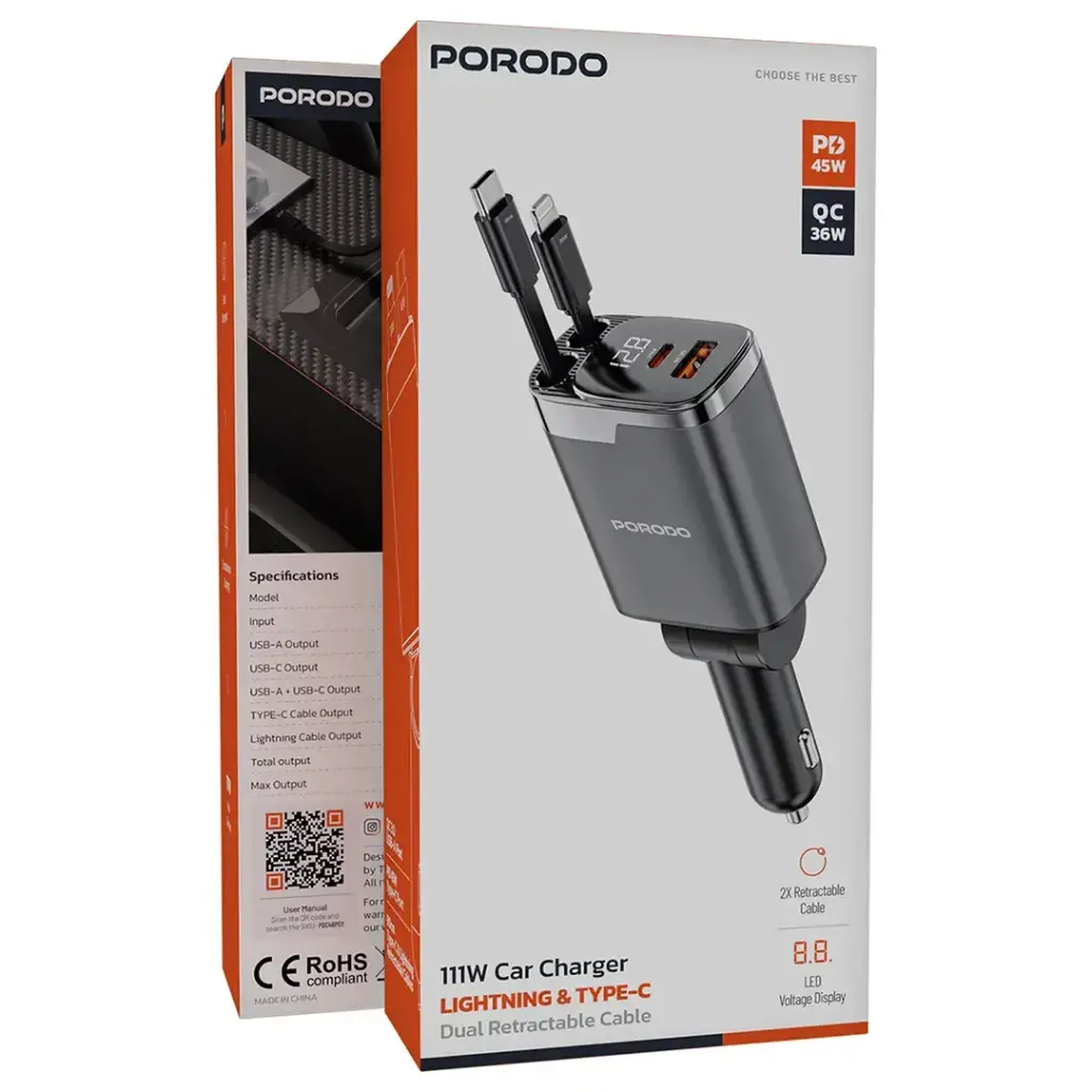 Porodo 111W Car Charger with Lightning & Type-C Retractable Cables - Gray.webp
