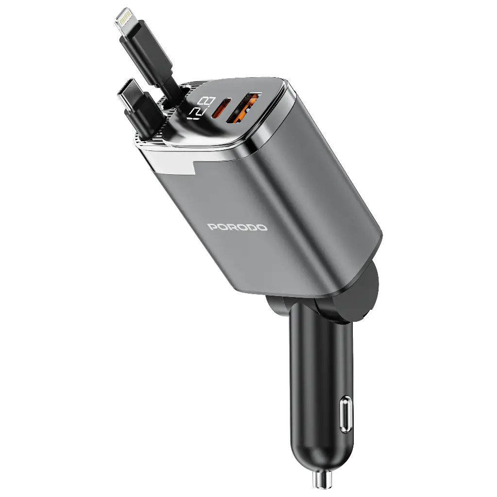 Porodo 111W Car Charger with Lightning & Type-C Retractable Cables - Gray7.webp