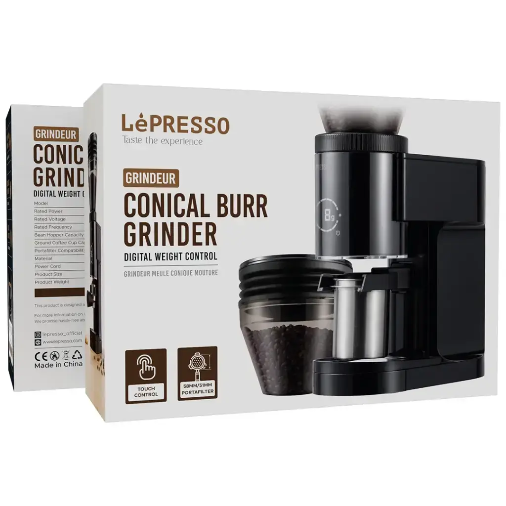 LePresso Grindeur Conical Burr Grinder with Digital Weight Control - Black .webp