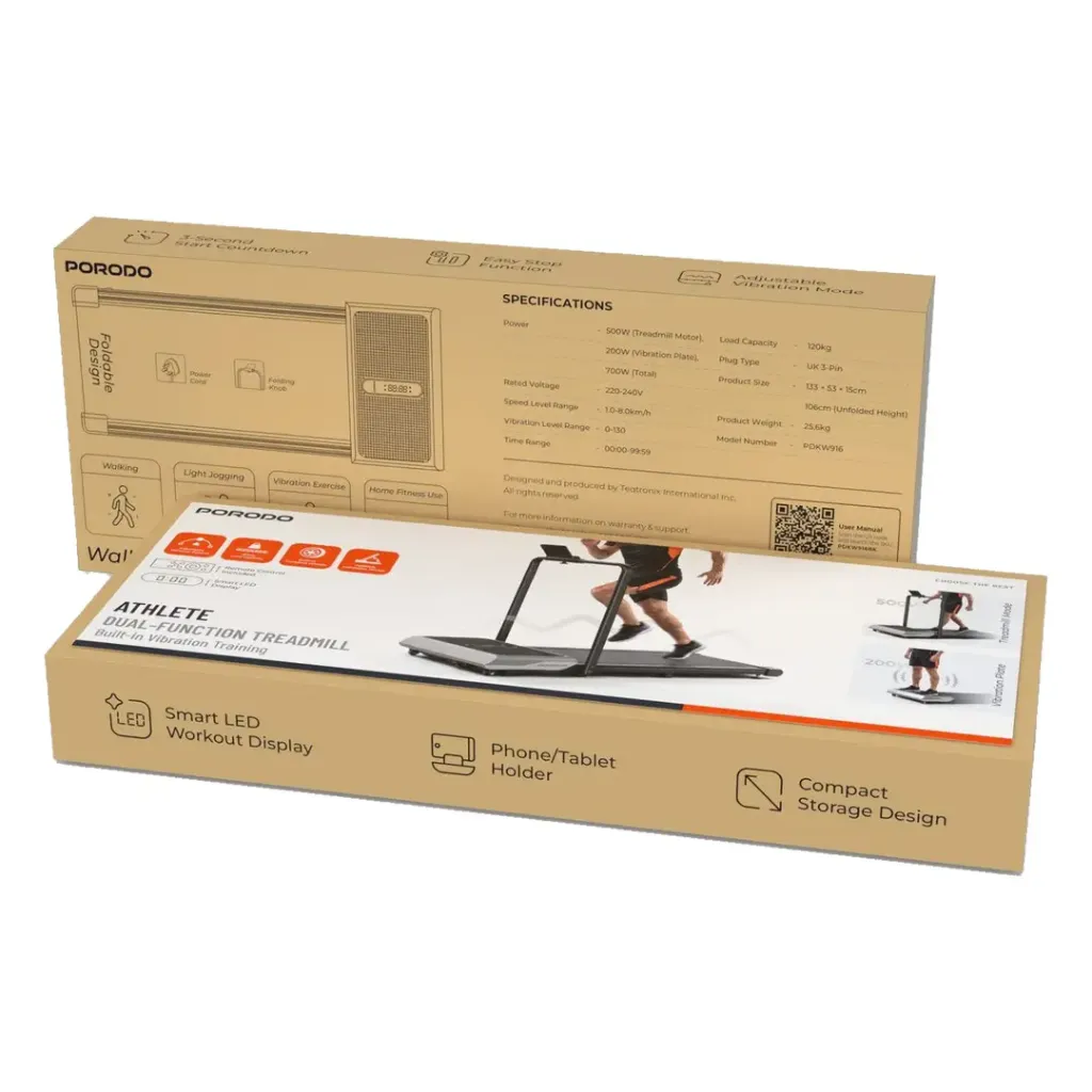 Porodo Athlete Dual-Function Treadmill with Vibration Plate - Black.webp