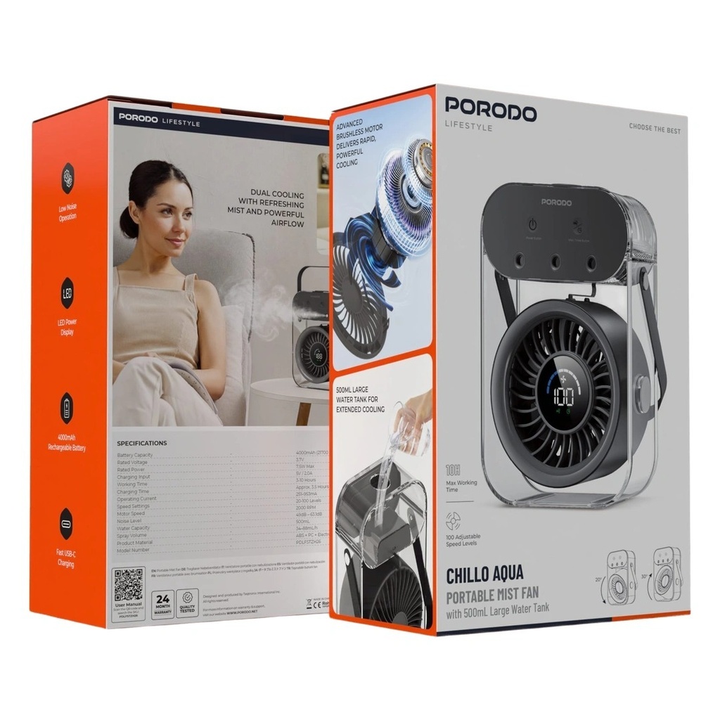 Porodo Chillo Aqua Mist Fan - Side Angle View