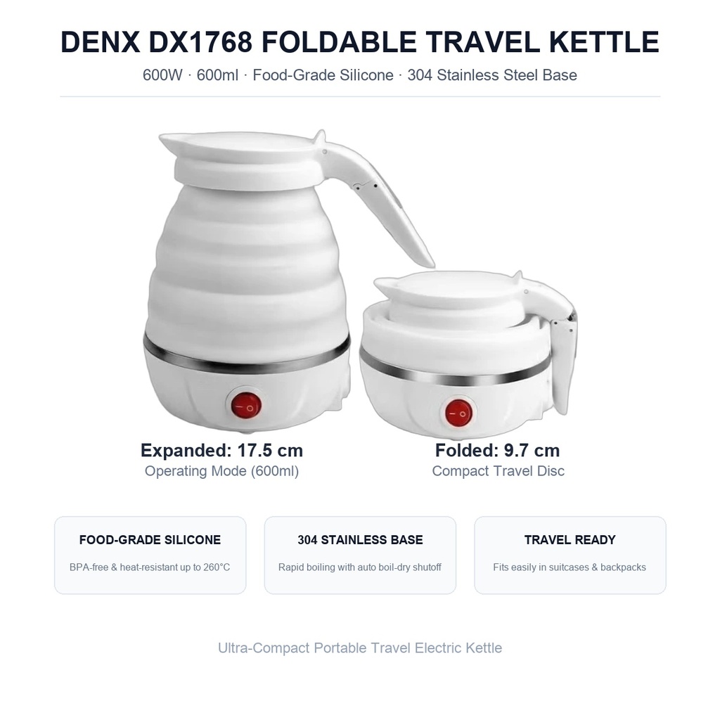 DENX DX1768 Foldable Electric Kettle Dimensions & Key Features Breakdown