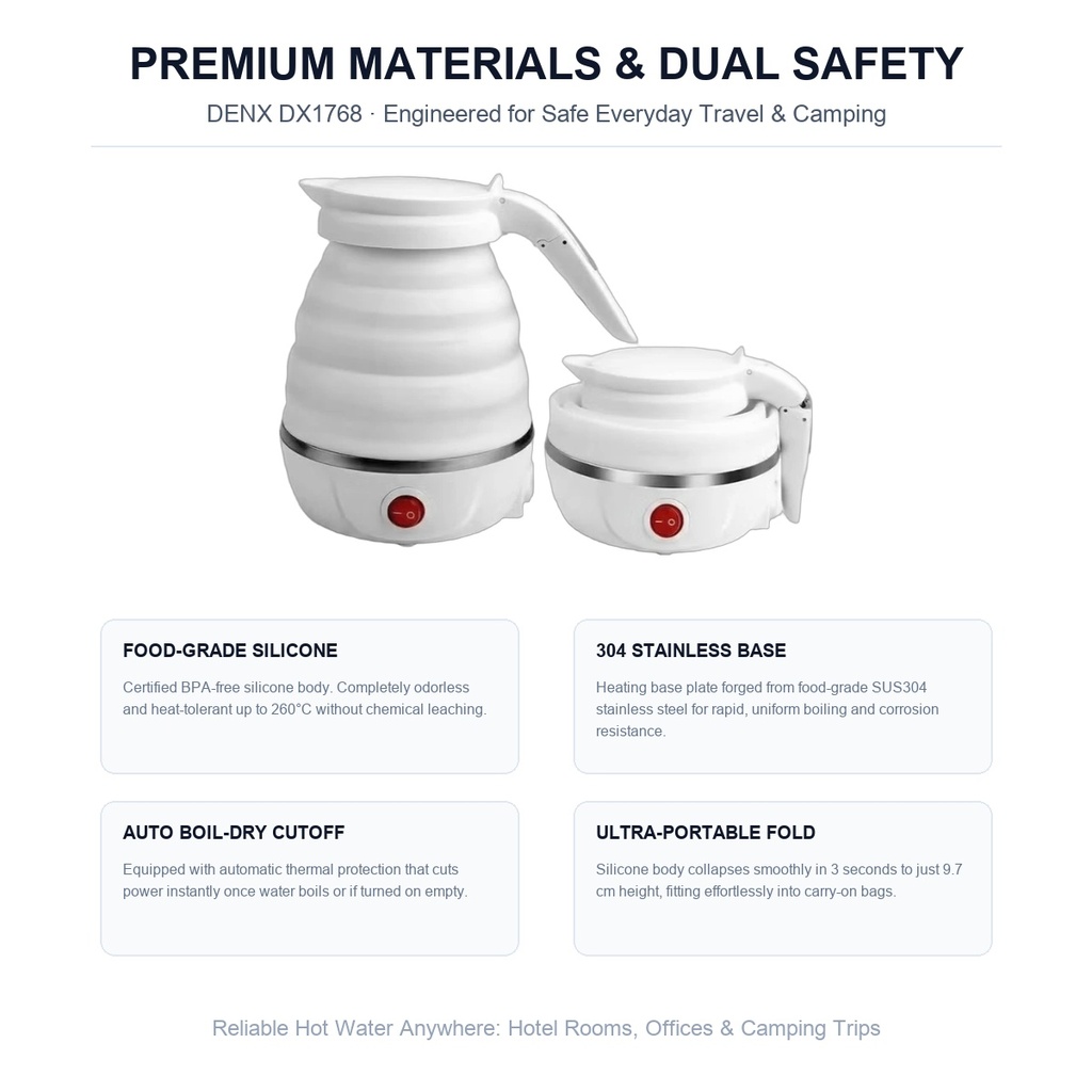 DENX DX1768 Food-Grade Silicone Body & 304 Stainless Steel Base Safety Specifications