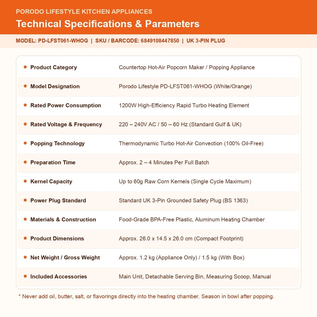 Porodo Popcorn Maker Technical Specifications