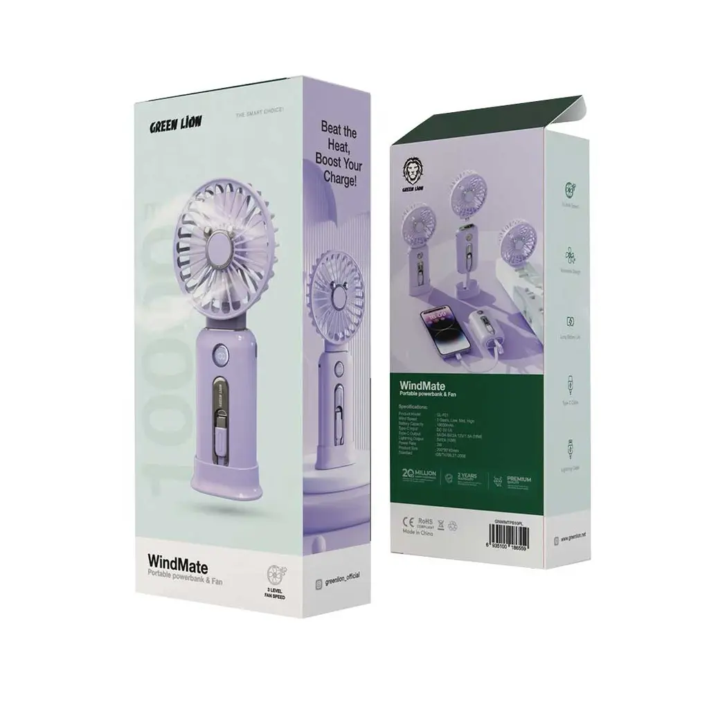 Green Lion Smart Appliances & Lifestyle WindMate Portable Power Bank & Fan 3 Level Speed Purple [GNWIMTPB10PL].webp