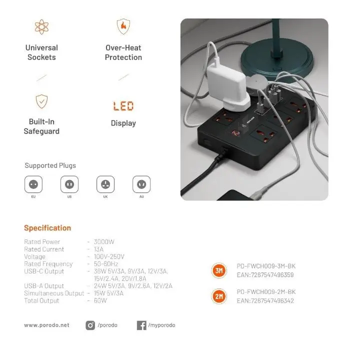 Porodo 6 AC 2 USB-A 24W & 4 USB-C PD 36W Multi-Port Super Hub 2M 3000W UK Compatible Black [PD-FWCH009-2M-BK].webp