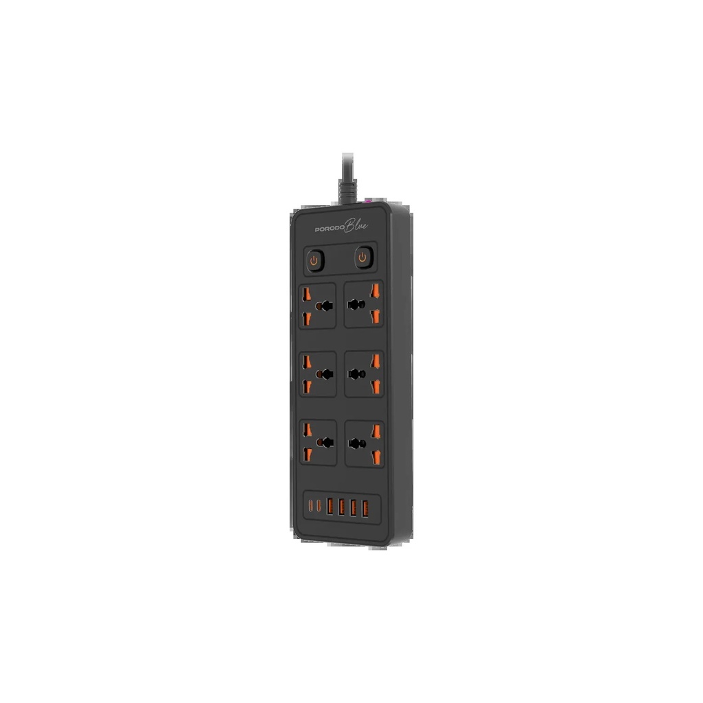 [PBFWCH033BK] Porodo Blue 6 AC Power Socket With X2 USB-C X4 USB-A Port UK (3m wire) Black PBFWCH033BK
