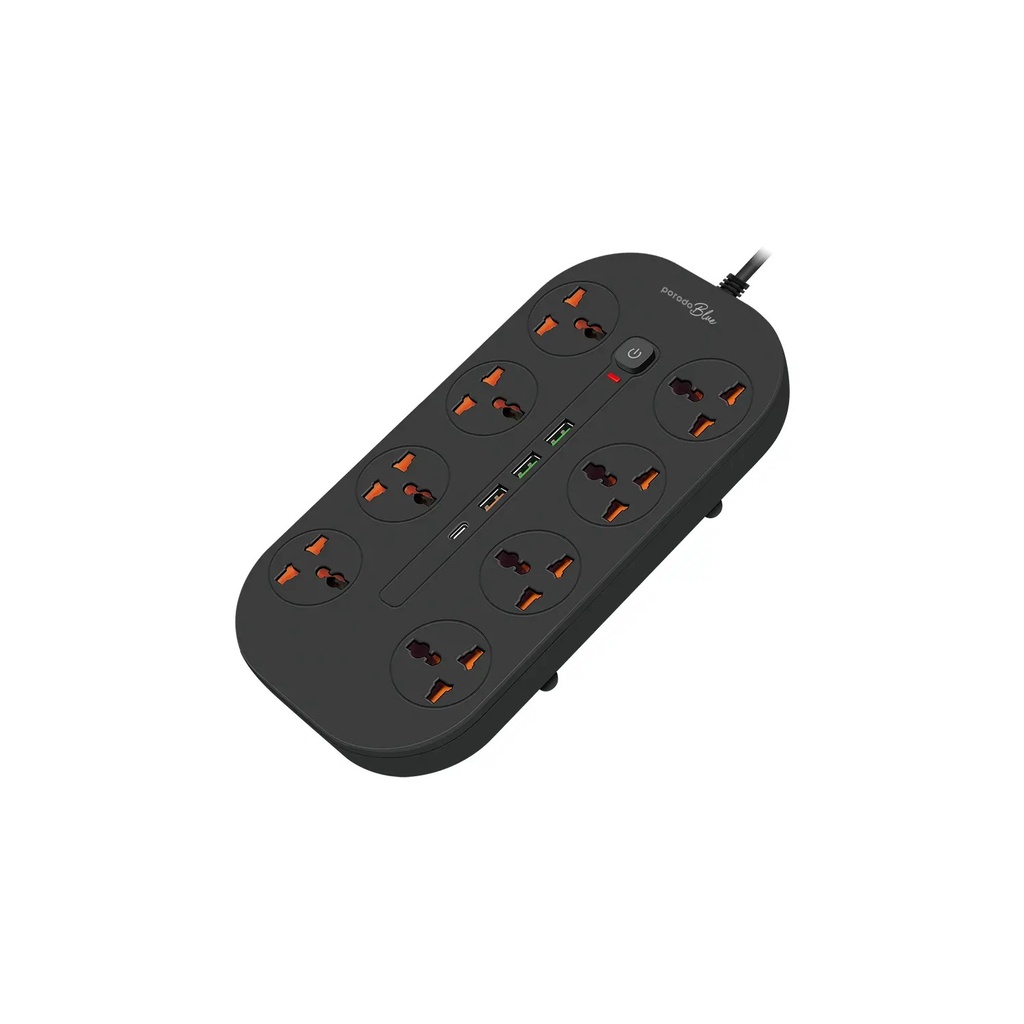 [PBFWCH035-BK] Porodo Blue 8 AC Power Socket With X1 USB-C X3 USB-A Port UK (3m wire) - Black PBFWCH035-BK