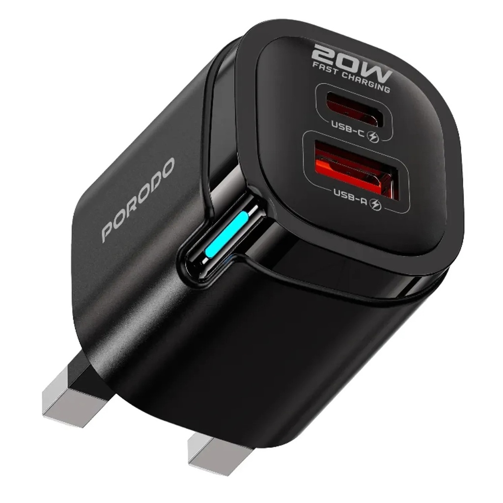 [PDFWCH111BK] Porodo Tekto PD 20W Type-C + USB-A Adaptor-Black PDFWCH111BK