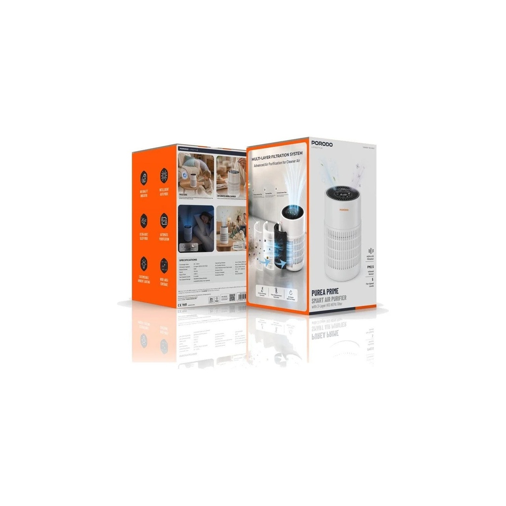 Porodo Lifestyle PUREA PRIME SMART AIR PURIFIER with 3-Layer H13 HEPA Filter Remote Control & Essential Oil Diffuser PDLFSTDK08WH