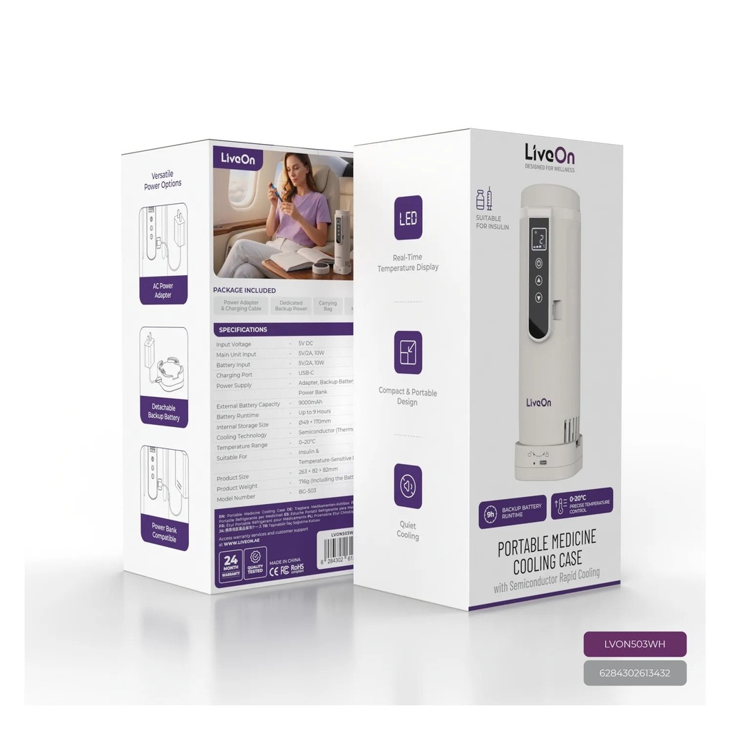 Liveon Portable Insulin Cooling Box with 9,000mAh Detachable Battery LVON503WH