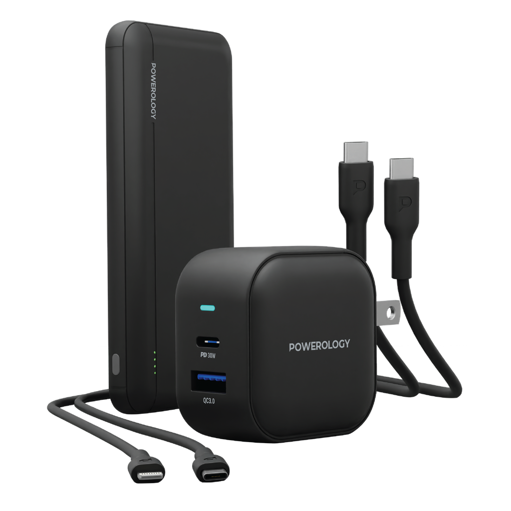 Powerology 5 in 1 Universal Power Combo 10000mAh PD Power Bank & 38W Charger World Travel Kit and Fast Charging PVC Cable PPBCHA14 CB Black
