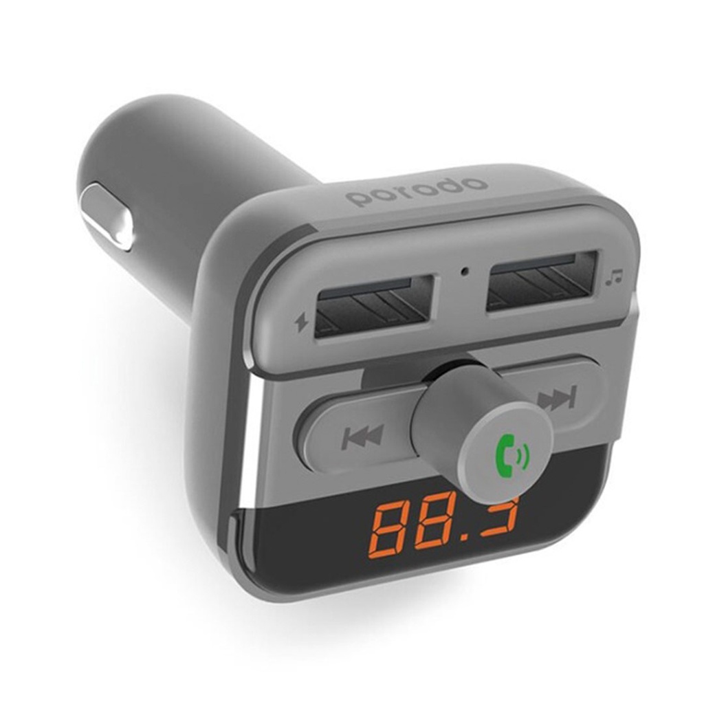 Porodo Wireless Hands-free Car Kit with Built-in FM Transmitter Silver 3.4A 15W, FMBT17 FM Transmitter