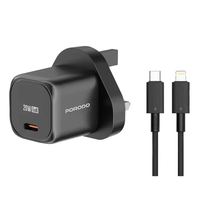 PD-FWCH027-BK-C PORODO GAN USB-C POWER DELIVERY WALL CHARGER 1.2M USB- C CABLE INCLUDED 20W