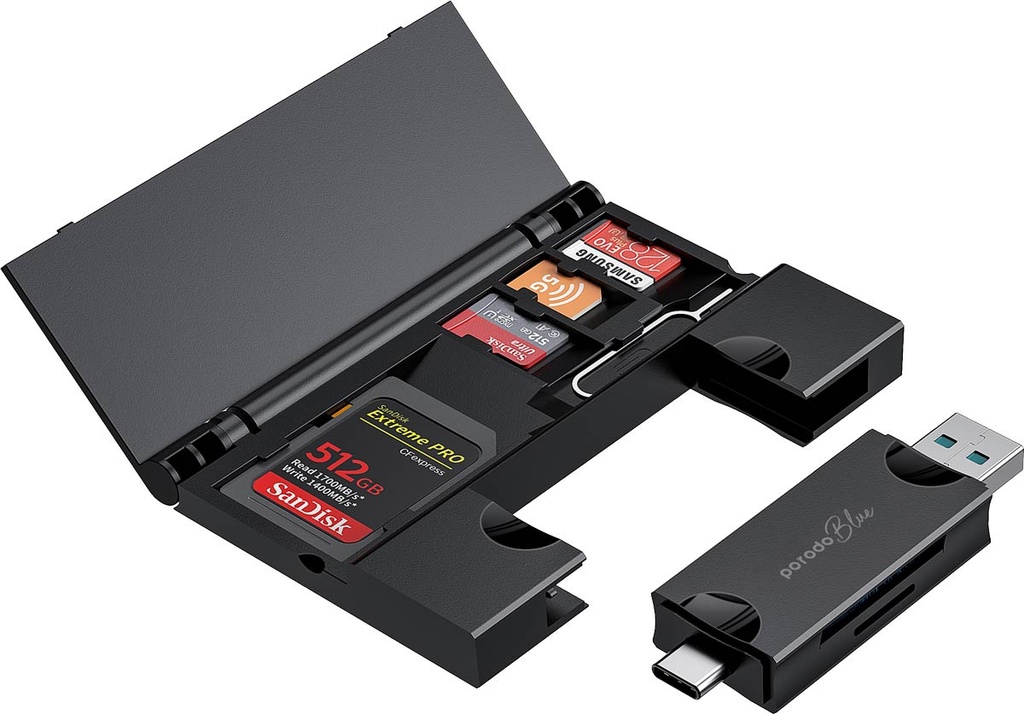 Porodo Blue 2 in 1 Card Reader with Card Holder PB-CACRH-BK