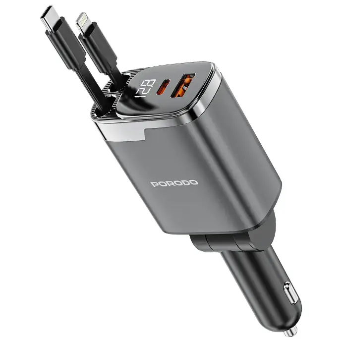 Porodo 111W Car Charger with Lightning & Type-C Retractable Cables PDC46PGY