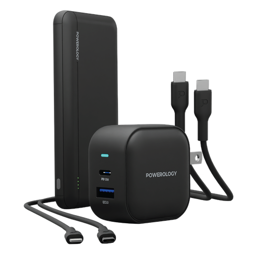 Powerology 5 in 1 Universal Power Combo 10000mAh PD Power Bank & 38W Charger World Travel Kit and Fast Charging PVC Cable PPBCHA14 CB Black