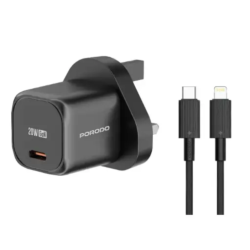 PD-FWCH027-BK-C PORODO GAN USB-C POWER DELIVERY WALL CHARGER 1.2M USB- C CABLE INCLUDED 20W